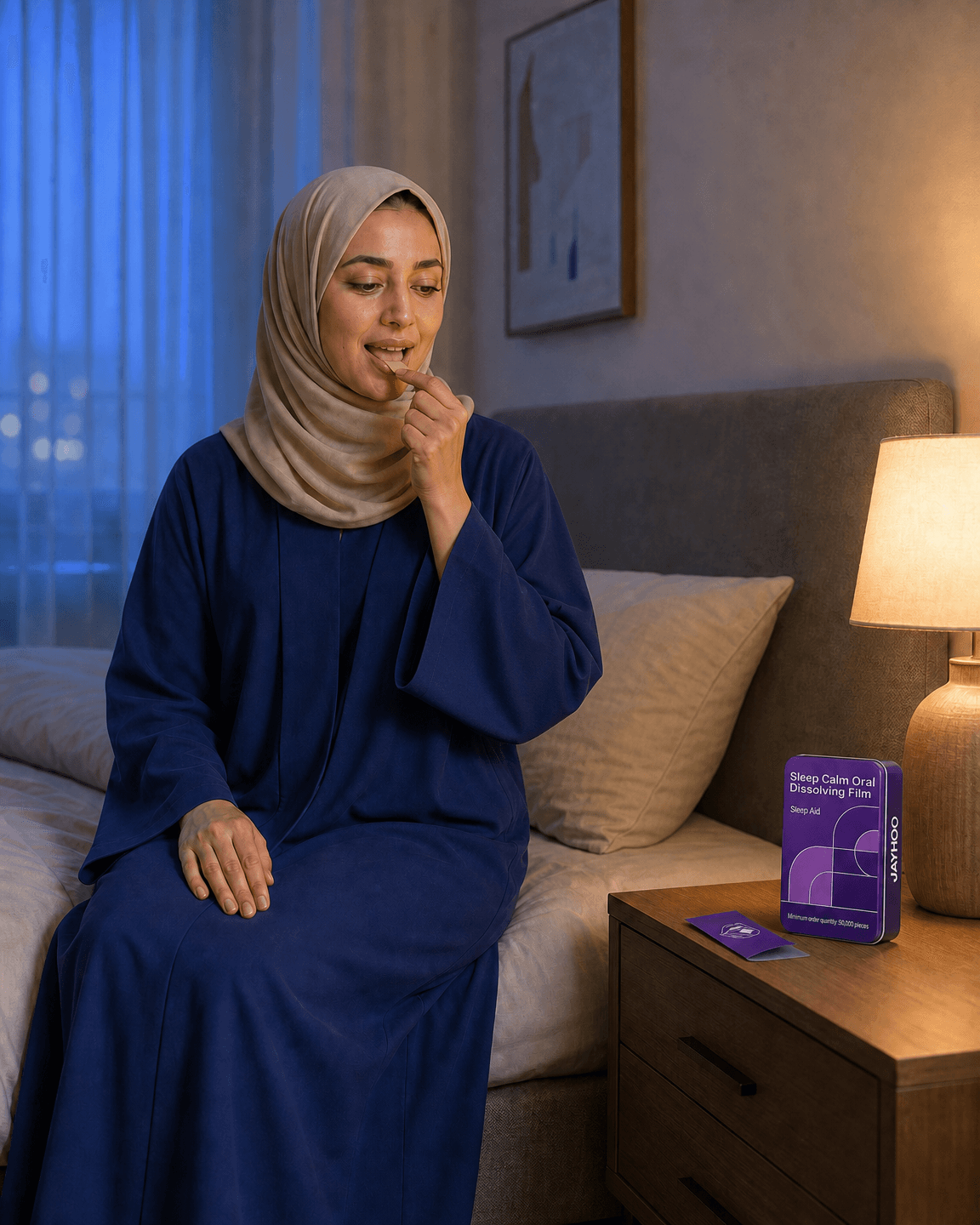 سارة تضع الشريحة الفموية على لسانها ضمن روتين المساء